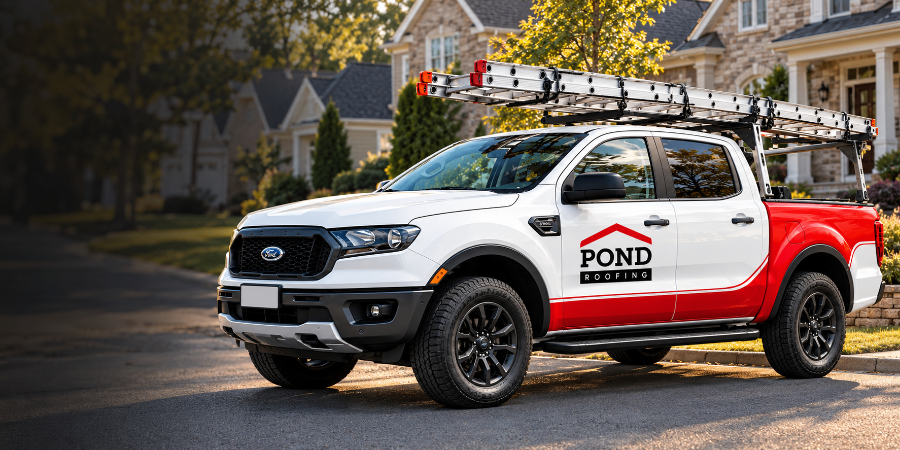 Pond Roofing branded service truck parked in a neighborhood