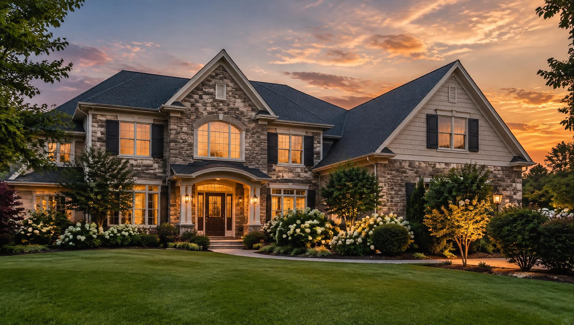 Stone home with new roof at dusk